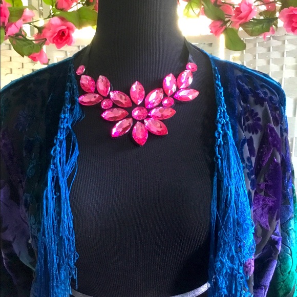 Pink Rhinestone Floral Statement Necklace Flower Crystal Bib - Picture 6 of 8